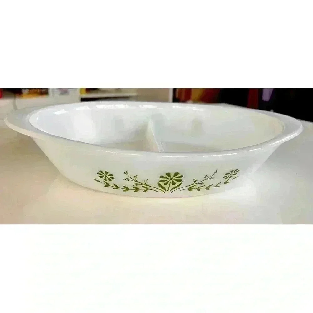 Vintage Glassbale USA Milkglass Divided Serving Dish with  Primrose Green Design